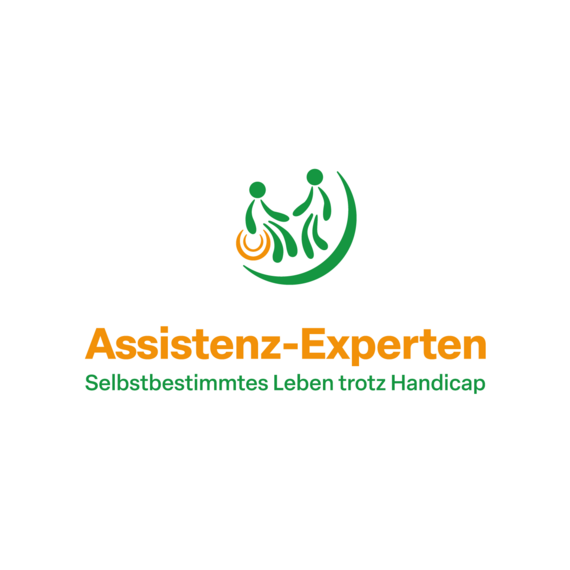 Ein Logo mit einem Rollstuhlfahrer und einer Person die sich begegnen. Darunter Assistenzexperten selbstbestimmtes Leben trotzdem die Cap